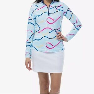 SAN SOLEIL Women Polo Shirt Size Medium Blue  Multicolor Zip Long Sleeve UPF 50+